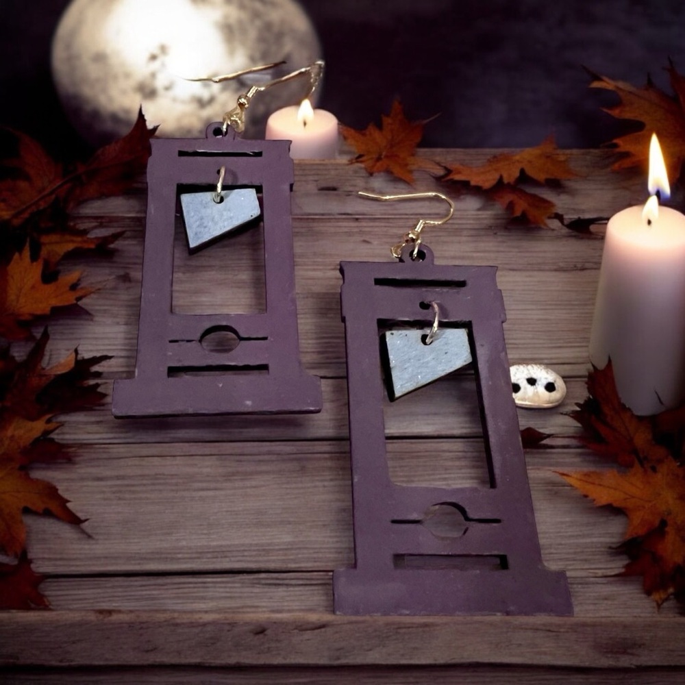Guillotine Earrings!  Handmade, Wooden, Halloween Essential!